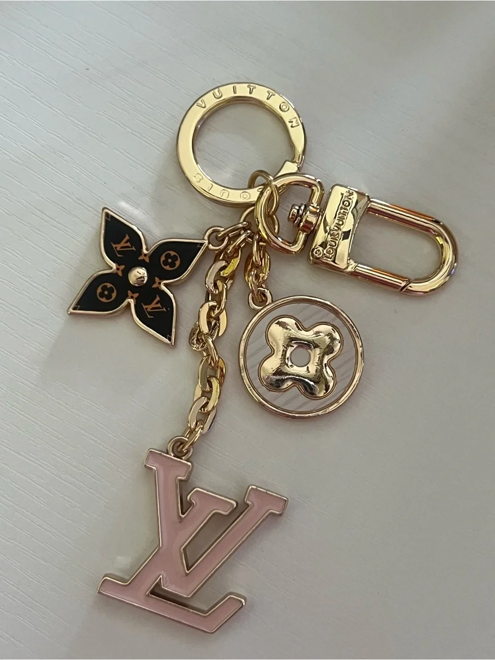 Louis Vuitton Pink and Black Enamel Logo Charm Key Holder with Gold Hardware